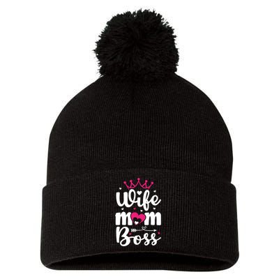 Women Wife Mom Boss Graphic Funny Cute Mother's Day T Pom Pom 12in Knit Beanie