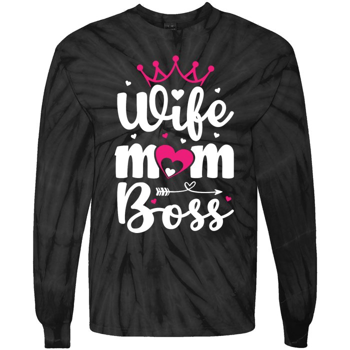 Women Wife Mom Boss Graphic Funny Cute Mother's Day T Tie-Dye Long Sleeve Shirt