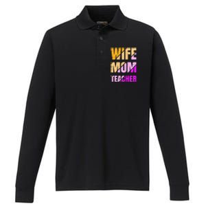 Womens Wife Mom Teacher Mothers Day Retro Momma Life Mommy Performance Long Sleeve Polo