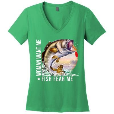 Women Want Me Fish Fear Me Bass Fisherman Funny Women's V-Neck T-Shirt