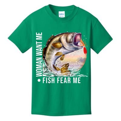 Women Want Me Fish Fear Me Bass Fisherman Funny Kids T-Shirt