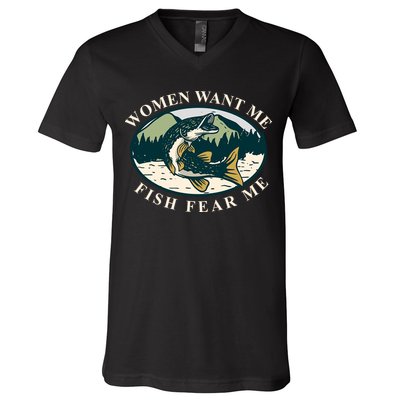 Women Want Me Fish Fear Me Funny Fishing Gift V-Neck T-Shirt