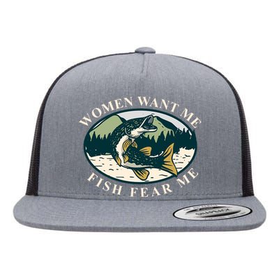 Women Want Me Fish Fear Me Funny Fishing Gift Flat Bill Trucker Hat