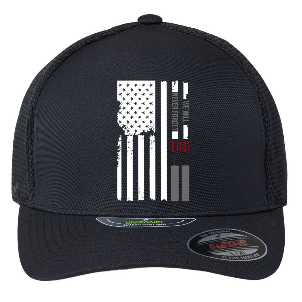 We Will Never Forget 9.11.01 USA Flag Flexfit Unipanel Trucker Cap