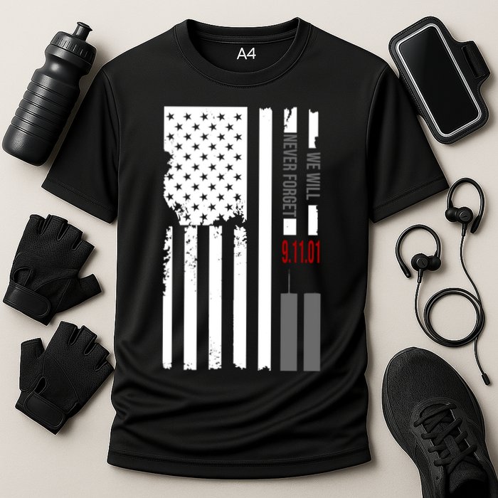 We Will Never Forget 9.11.01 USA Flag Cooling Performance Crew T-Shirt
