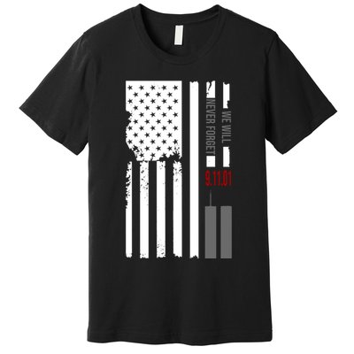 We Will Never Forget 9.11.01 USA Flag Premium T-Shirt