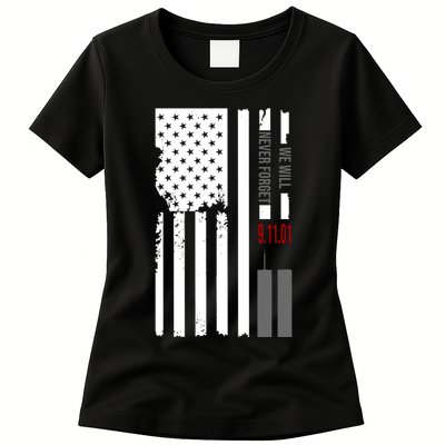 We Will Never Forget 9.11.01 USA Flag Womens T-Shirt