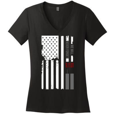 We Will Never Forget 9.11.01 USA Flag Women's V-Neck T-Shirt