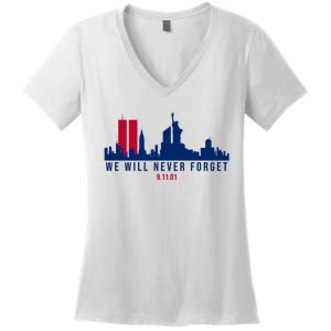 We Will Never Forget 09.11.01 September 11th 2001 Women's V-Neck T-Shirt