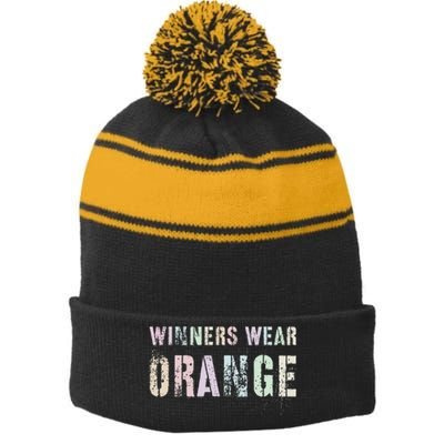 WINNERS WEAR ORANGE Summer Camp Team Color War Game Event Stripe Pom Pom Beanie