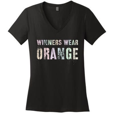 WINNERS WEAR ORANGE Summer Camp Team Color War Game Event Women's V-Neck T-Shirt