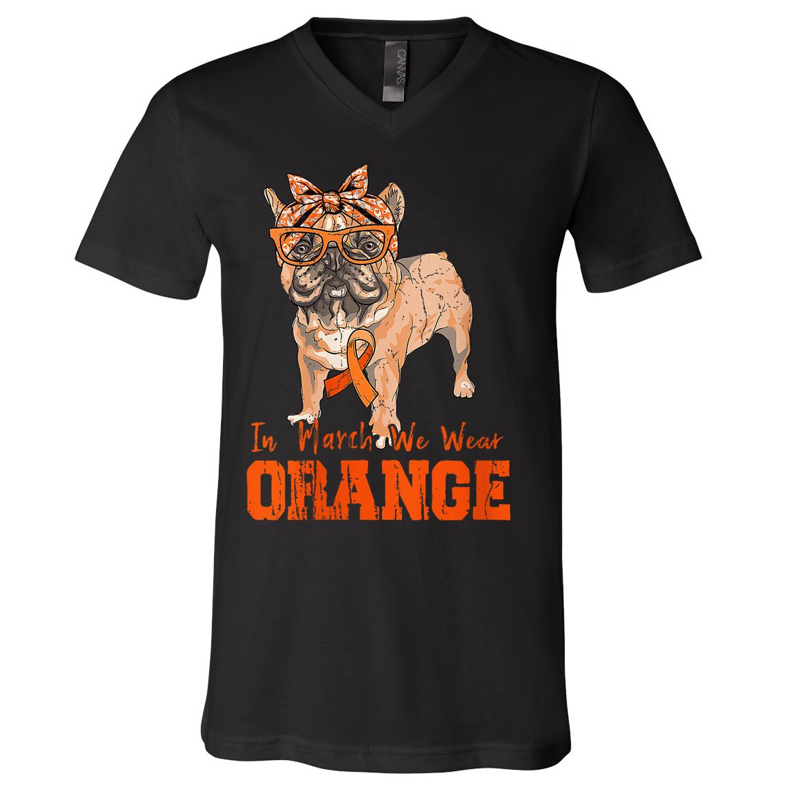 We Wear Orange Frenchie Dog Multiple Sclerosis Awareness V-Neck T-Shirt