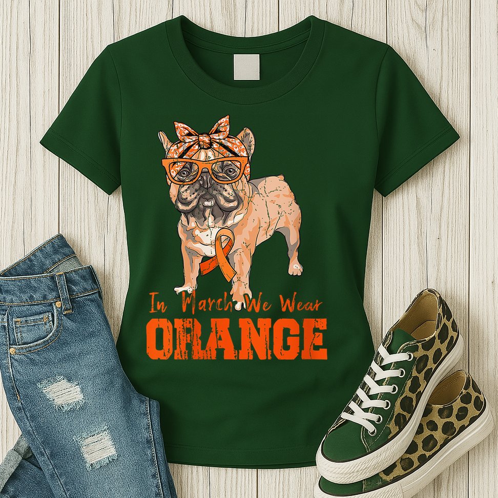 We Wear Orange Frenchie Dog Multiple Sclerosis Awareness Womens T-Shirt