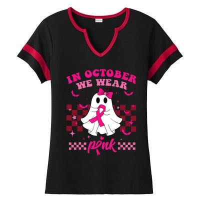 We Wear Pink Breast Cancer Awareness Ghost Halloween Groovy Ladies Halftime Notch Neck Tee