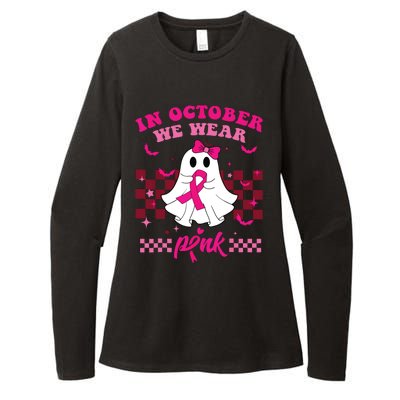 We Wear Pink Breast Cancer Awareness Ghost Halloween Groovy Womens CVC Long Sleeve Shirt