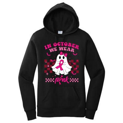 We Wear Pink Breast Cancer Awareness Ghost Halloween Groovy Women's Pullover Hoodie