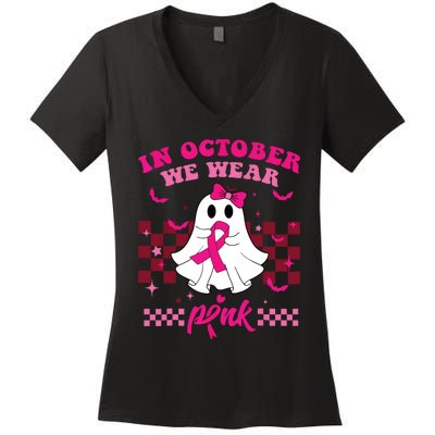 We Wear Pink Breast Cancer Awareness Ghost Halloween Groovy Women's V-Neck T-Shirt