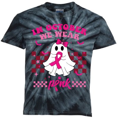 We Wear Pink Breast Cancer Awareness Ghost Halloween Groovy Kids Tie-Dye T-Shirt