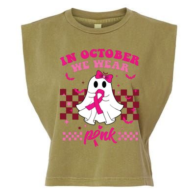 We Wear Pink Breast Cancer Awareness Ghost Halloween Groovy Garment-Dyed Women's Muscle Tee