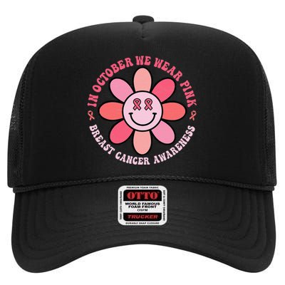 We Wear Pink Breast Cancer Awareness Warrior Groovy Hippie High Crown Mesh Back Trucker Hat