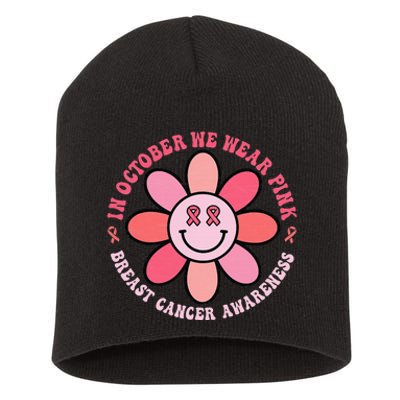 We Wear Pink Breast Cancer Awareness Warrior Groovy Hippie Short Acrylic Beanie