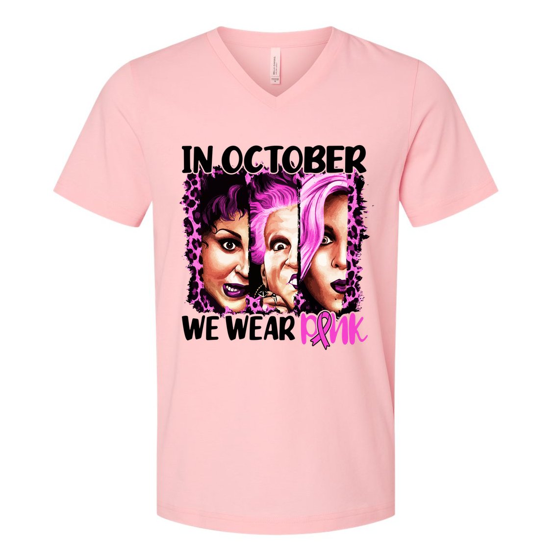 We Wear Pink In October Halloween Movies Fictional Characters Breast Cancer V-Neck T-Shirt
