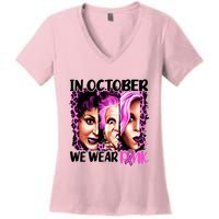 We Wear Pink In October Halloween Movies Fictional Characters Breast Cancer Women's V-Neck T-Shirt