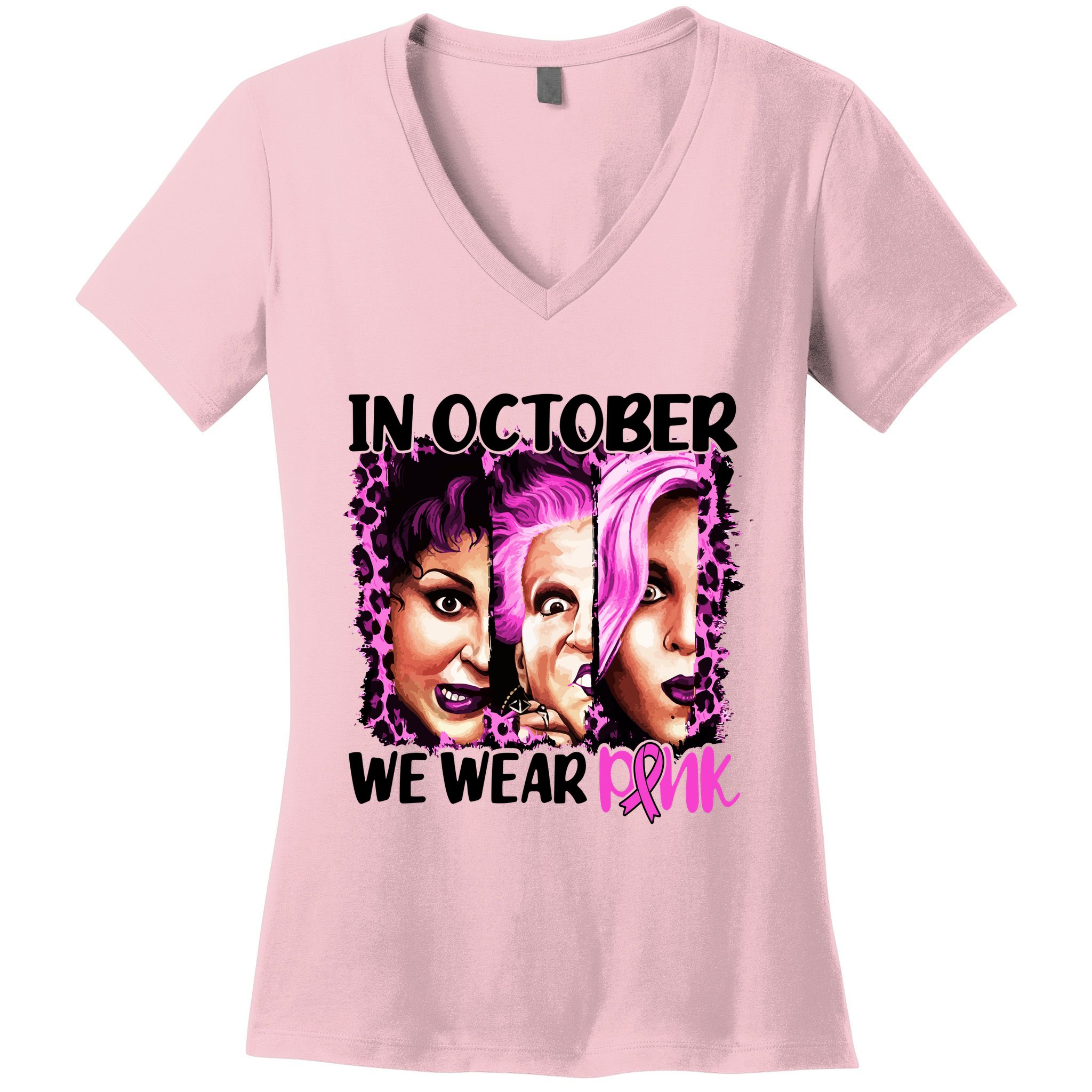 We Wear Pink In October Halloween Movies Fictional Characters Breast Cancer Women's V-Neck T-Shirt