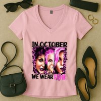 We Wear Pink In October Halloween Movies Fictional Characters Breast Cancer Women's V-Neck T-Shirt