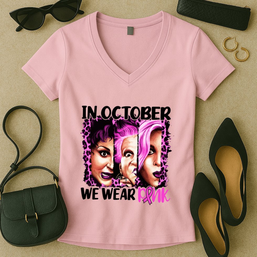 We Wear Pink In October Halloween Movies Fictional Characters Breast Cancer Women's V-Neck T-Shirt