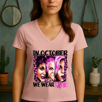 We Wear Pink In October Halloween Movies Fictional Characters Breast Cancer Women's V-Neck T-Shirt