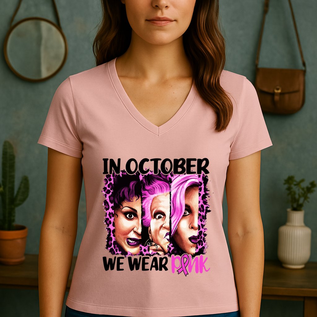 We Wear Pink In October Halloween Movies Fictional Characters Breast Cancer Women's V-Neck T-Shirt