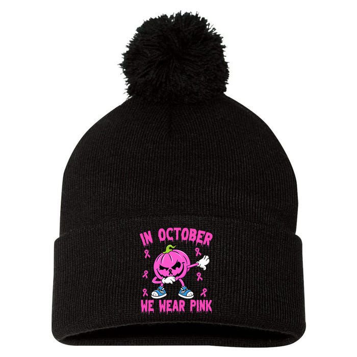 We Wear P.I.N.K Breast Cancer Pumpkin Halloween Pom Pom 12in Knit Beanie