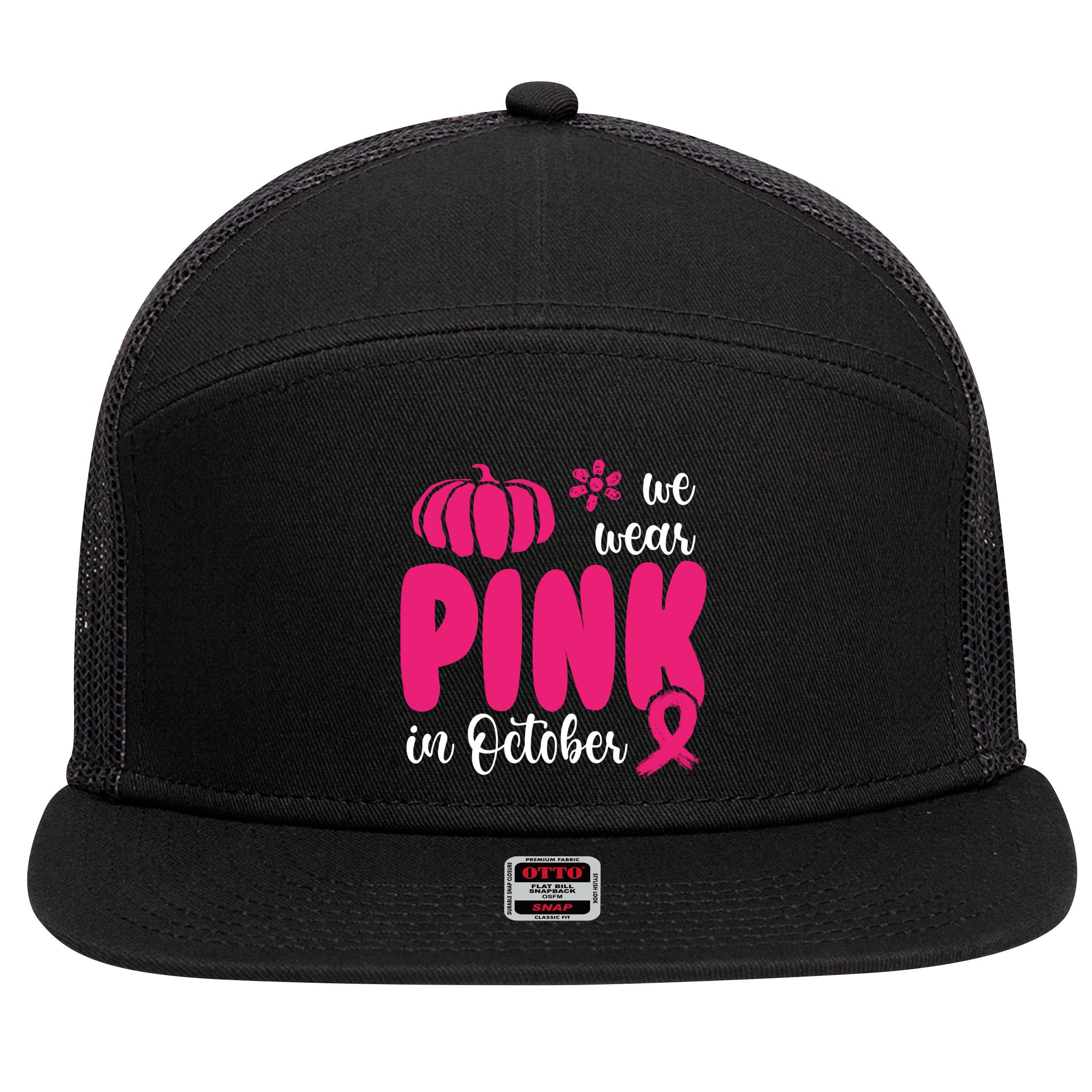 We Wear Pink In October Pumpkin Ribbon 7 Panel Mesh Trucker Snapback Hat