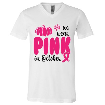 We Wear Pink In October Pumpkin Ribbon V-Neck T-Shirt