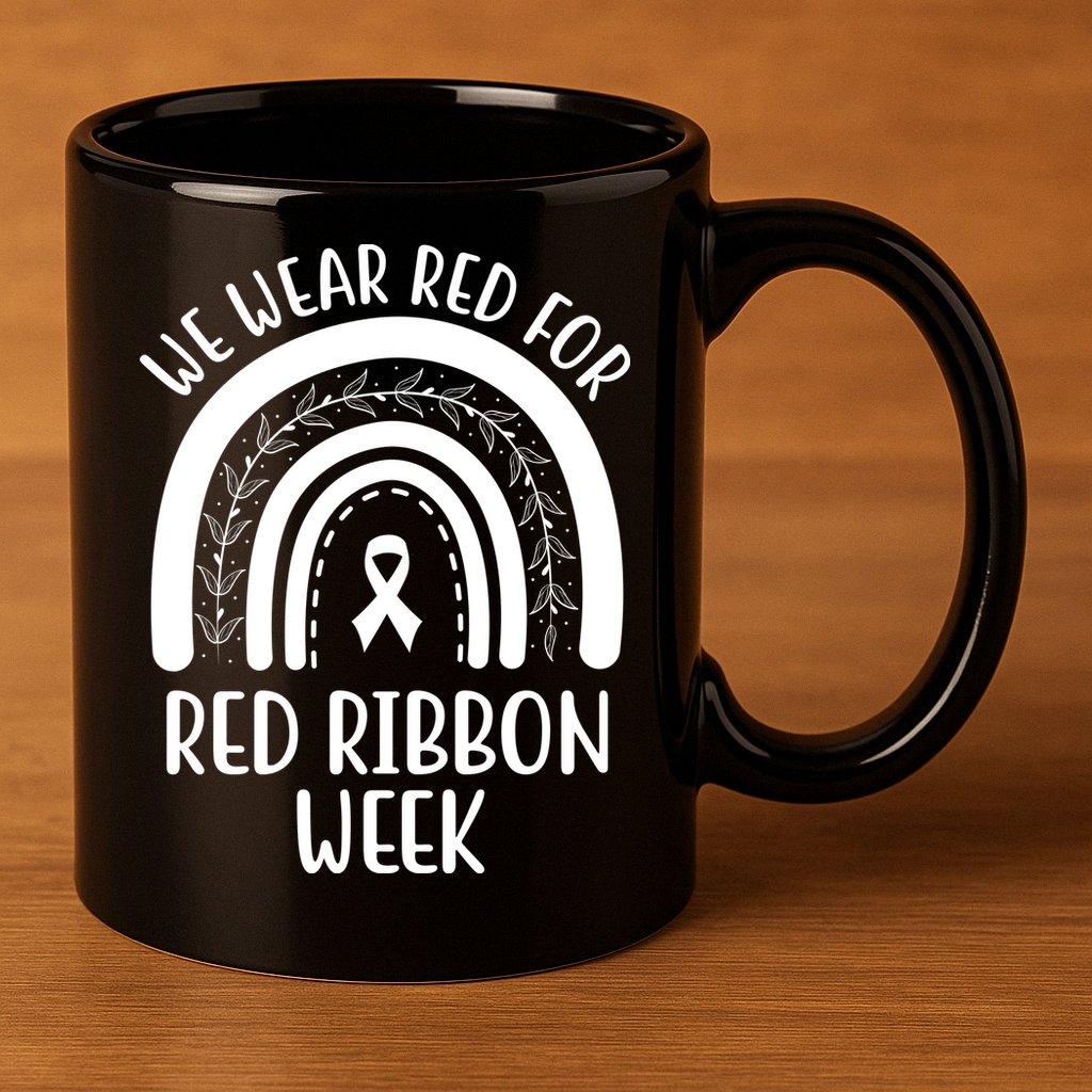 We Wear Red For Red Ribbon Week Rainbow 11oz C Handle Ceramic Mug