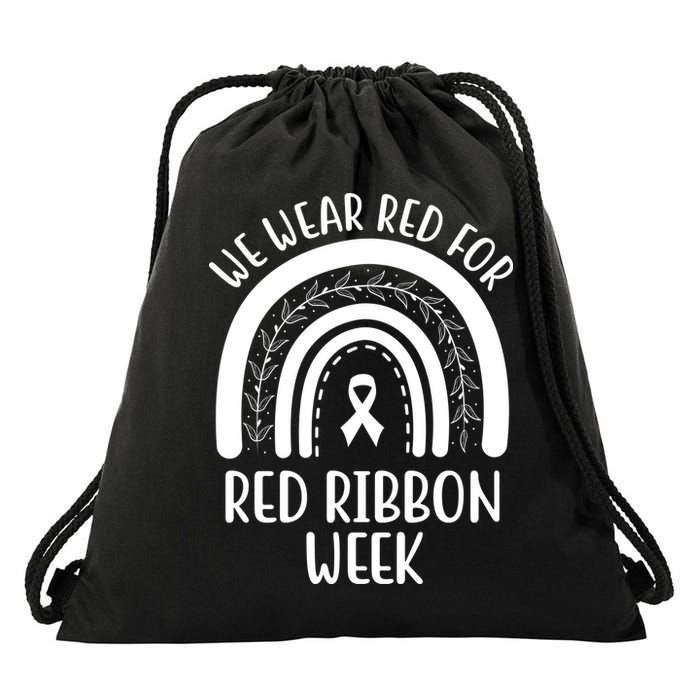 We Wear Red For Red Ribbon Week Rainbow Drawstring Bag