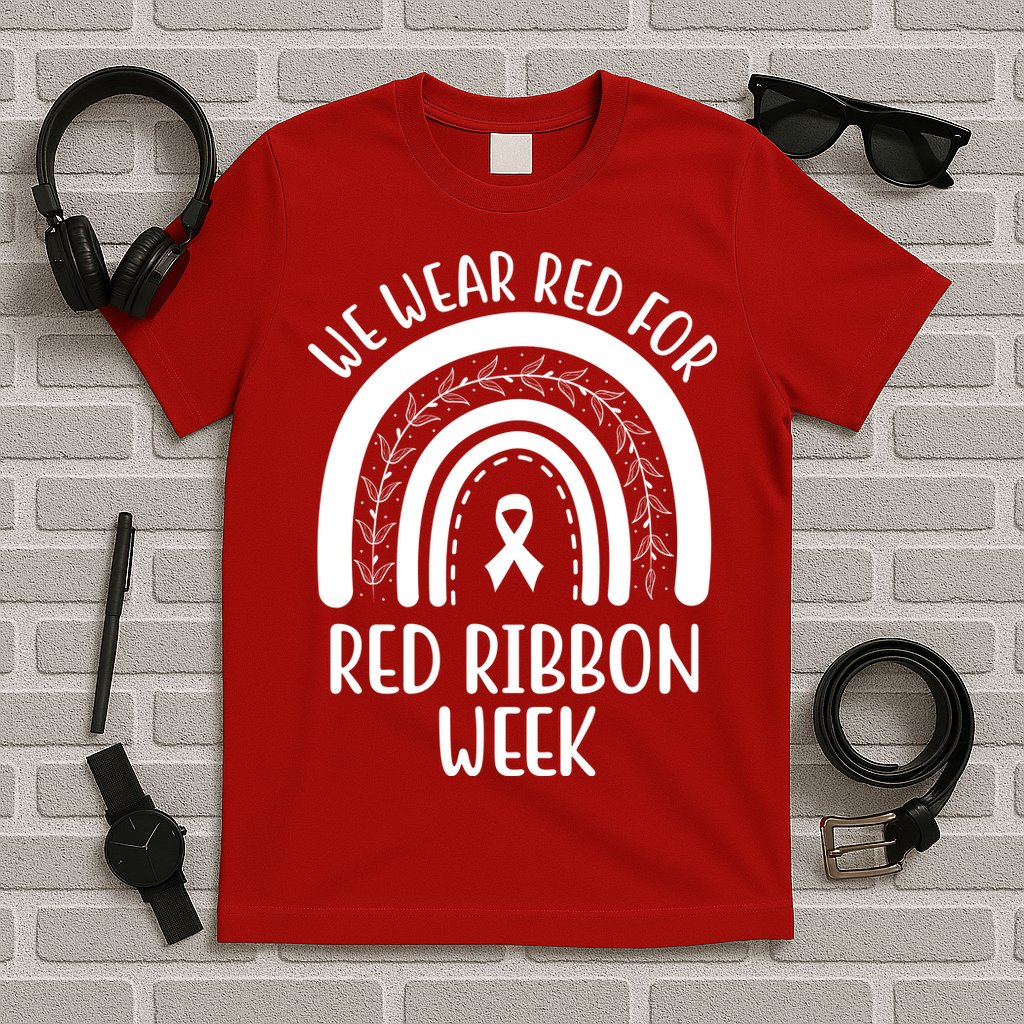 We Wear Red For Red Ribbon Week Rainbow T-Shirt