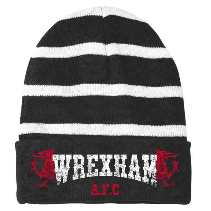 Wrexham Wales Red Dragon Retro Vintage Striped Beanie with Solid Band