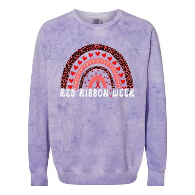 We Wear Red For Red Ribbon Week Awareness Leoopard Rainbow Colorblast Crewneck Sweatshirt