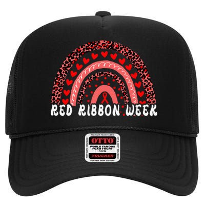 We Wear Red For Red Ribbon Week Awareness Leoopard Rainbow High Crown Mesh Back Trucker Hat