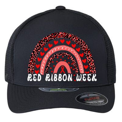 We Wear Red For Red Ribbon Week Awareness Leoopard Rainbow Flexfit Unipanel Trucker Cap