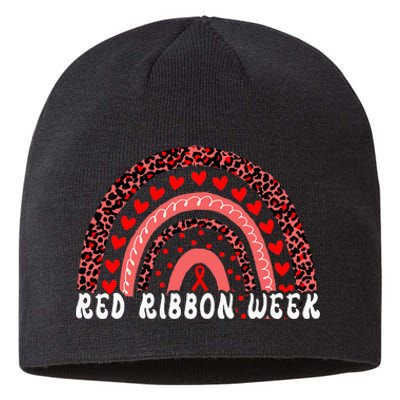 We Wear Red For Red Ribbon Week Awareness Leoopard Rainbow Sustainable Beanie