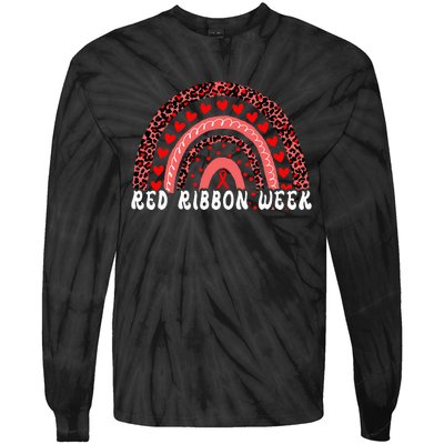 We Wear Red For Red Ribbon Week Awareness Leoopard Rainbow Tie-Dye Long Sleeve Shirt