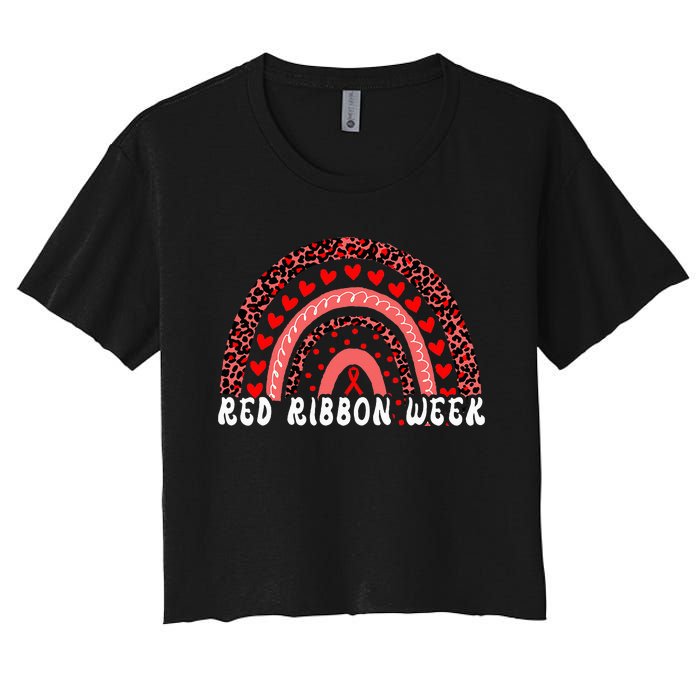 We Wear Red For Red Ribbon Week Awareness Leoopard Rainbow Women's Crop Top Tee