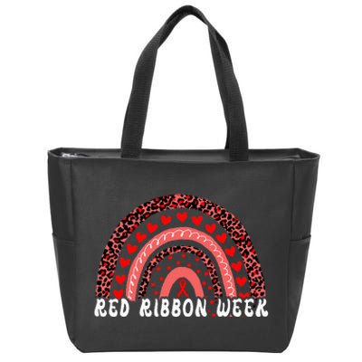 We Wear Red For Red Ribbon Week Awareness Leoopard Rainbow Zip Tote Bag