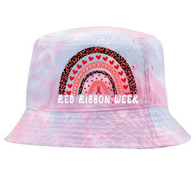 We Wear Red For Red Ribbon Week Awareness Leoopard Rainbow Tie-Dyed Bucket Hat