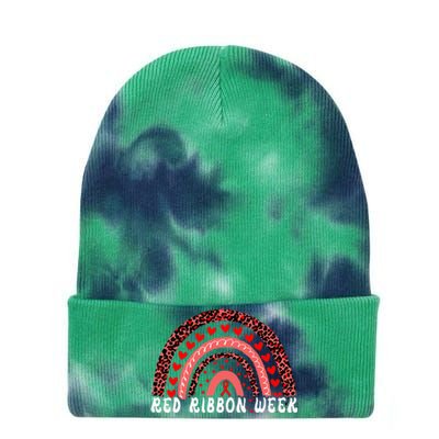 We Wear Red For Red Ribbon Week Awareness Leoopard Rainbow Tie Dye 12in Knit Beanie