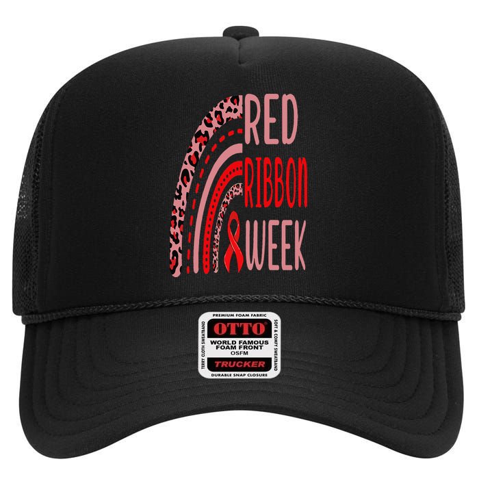 We Wear Red For Red Ribbon Week Awareness rainbow Leopard High Crown Mesh Back Trucker Hat