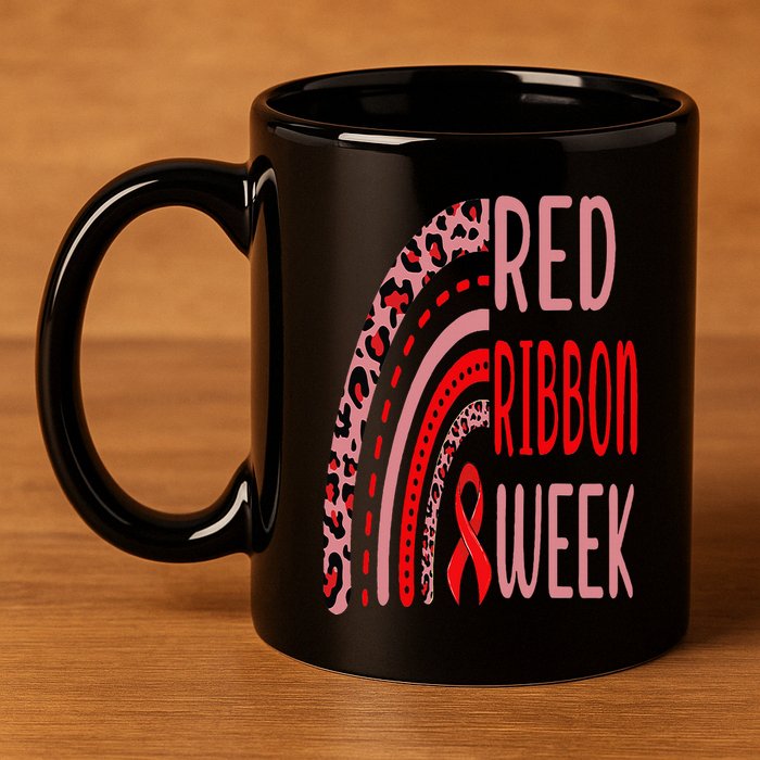 We Wear Red For Red Ribbon Week Awareness rainbow Leopard 11oz C Handle Ceramic Mug